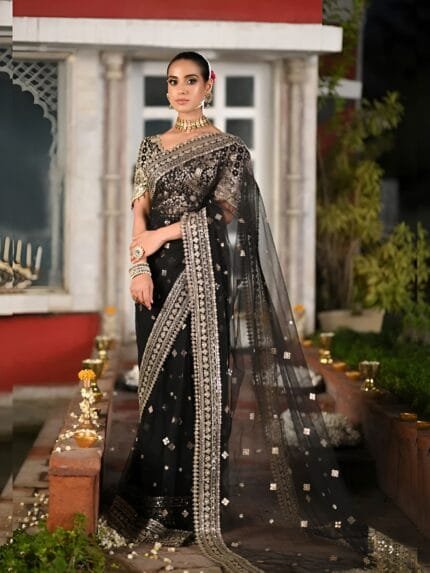 QALAMKAR Black Net Wedding Saree